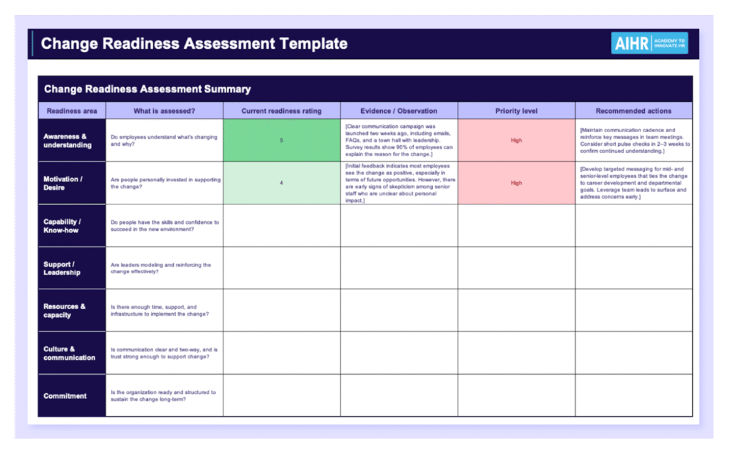 A preview of a change readiness assessment template in Excel.