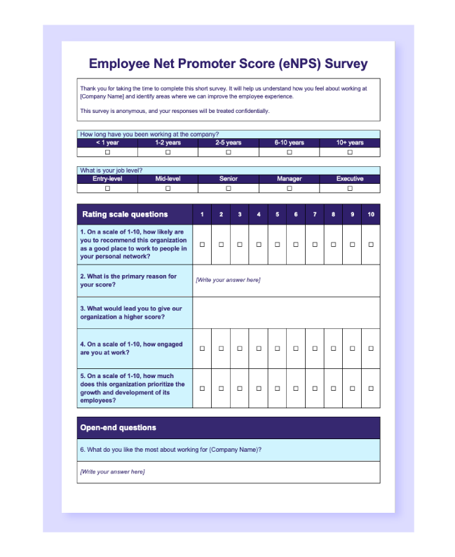 Preview of the “Employee Net Promoter Score Template” in Word.