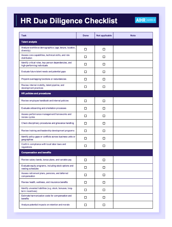 A preview of an HR due diligence checklist in Excel.