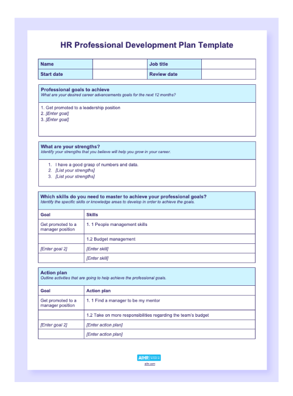 A preview of the HR professional development plan template.