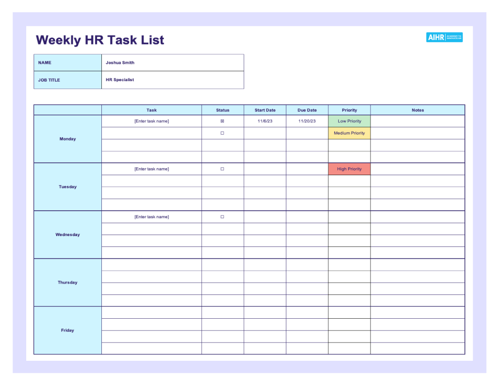 HR task list template preview.