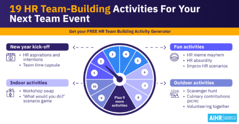 Team-building activity wheel for HR events with categories like New Year kick-off, indoor/outdoor games, & fun HR challenges.