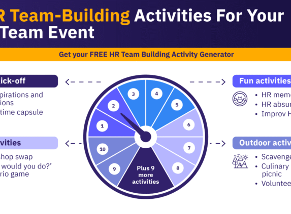 Team-building activity wheel for HR events with categories like New Year kick-off, indoor/outdoor games, & fun HR challenges.
