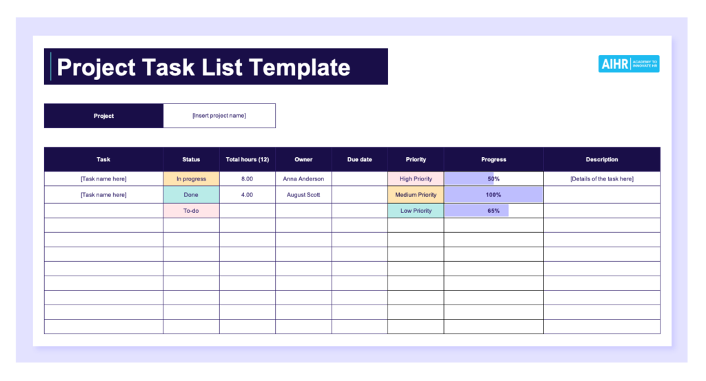 A preview of a project task list template in Excel.