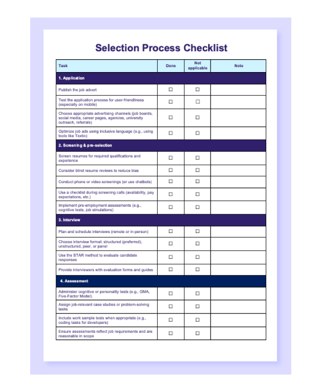 Preview of the “Selection process checklist template” in Word.